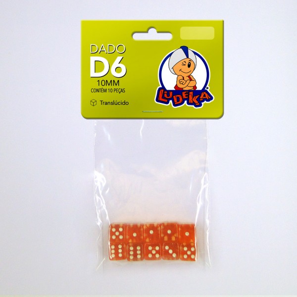 KIT DADOS 10x10x10 mm - LARANJA TRANSLÚCIDO - C/10 UNIDADES