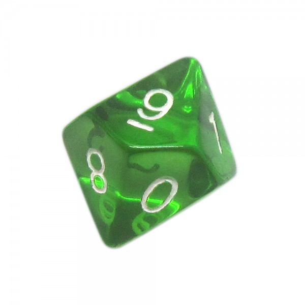 DADO RPG 10 LADOS VERDE TRANSPARENTE - 20x18 mm