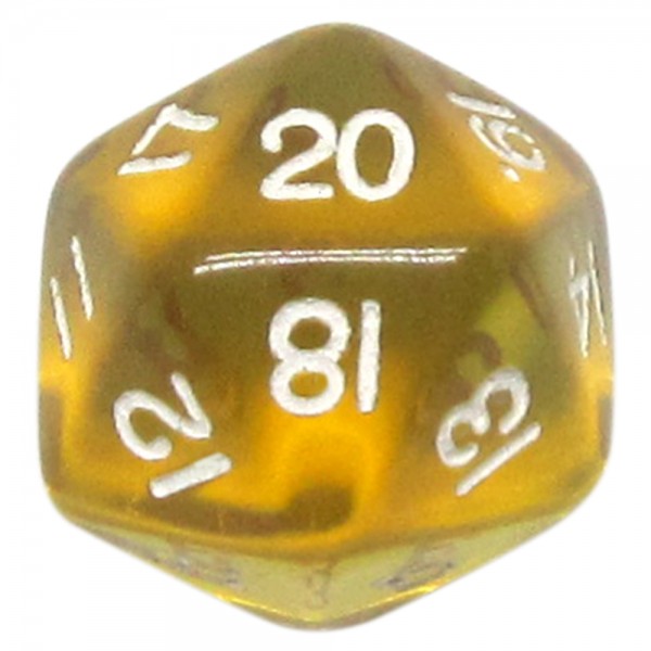 DADO RPG 20 LADOS AMARELO TRANSPARENTE - 22x22 mm