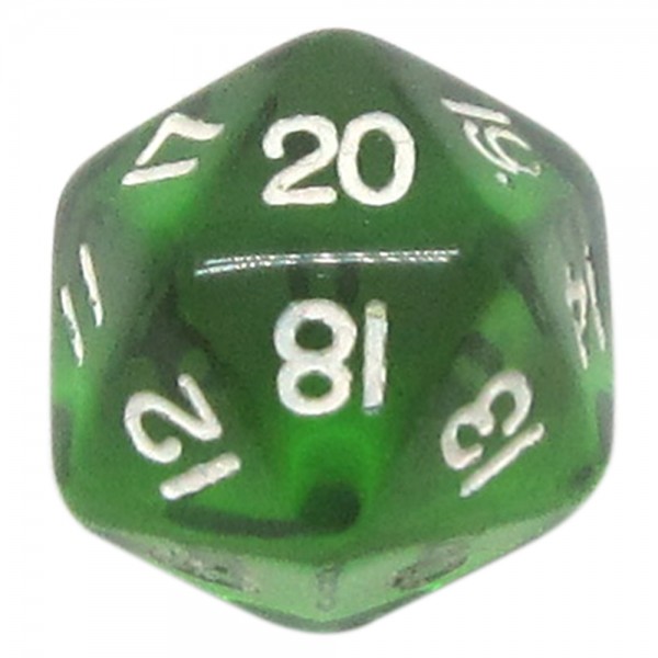 DADO RPG 20 LADOS VERDE TRANSPARENTE - 22x22 mm