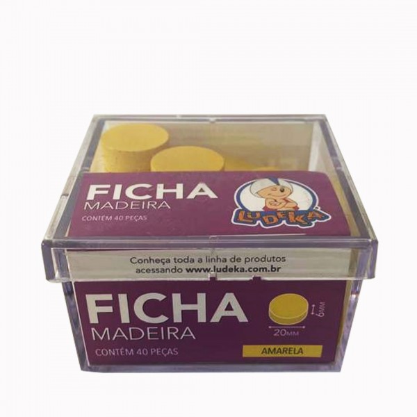 CAIXA ACRÍLICA - FICHA DE MADEIRA AMARELO- 40 PEÇAS